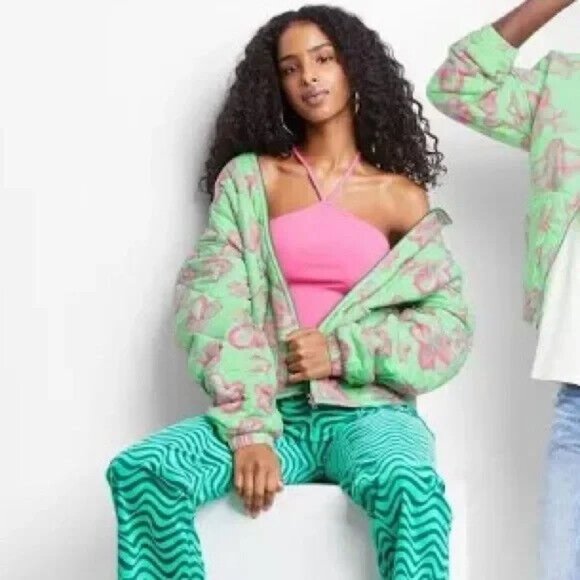 Wild Fable Jacket Hooded Quilted Green Pink Floral Full Zip - Picture 3 of 12